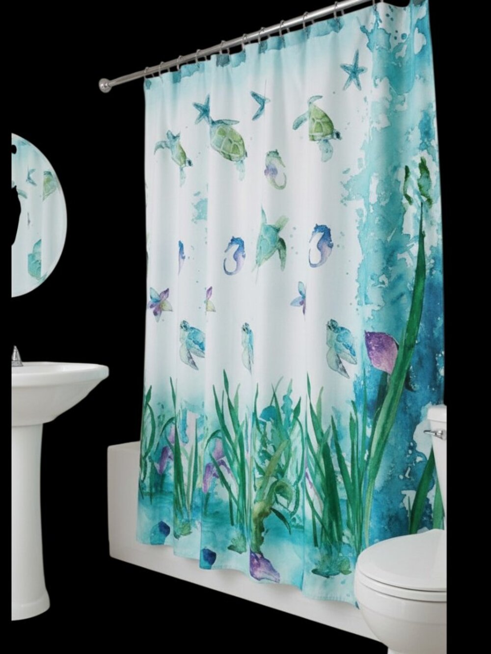 NWT Fabric Shower Curtain Watercolor Teal Blue OCEAN Life 70" x 72" Sea Creature